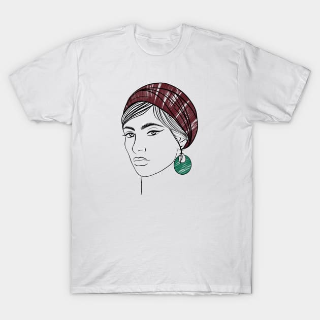 beautiful girl in a burgundy bandana and sunglasses T-Shirt by Kuchinska design